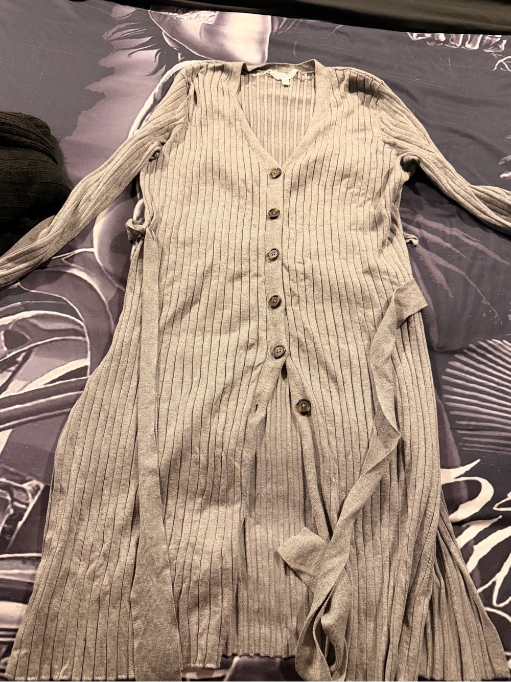 Light Gray Ribbed Button-Front Long Cardigan Dress